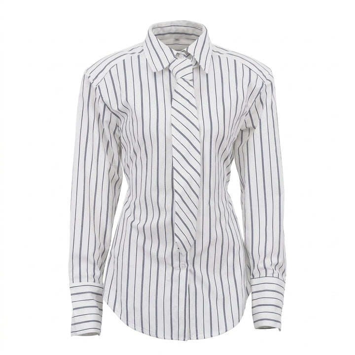 White Pinstripe Power-Shoulder Shirt with Matching Tie-Vyana Collective