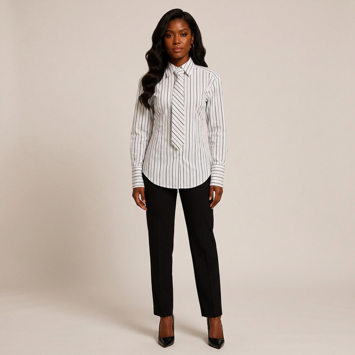 White Pinstripe Power-Shoulder Shirt with Matching Tie-Vyana Collective