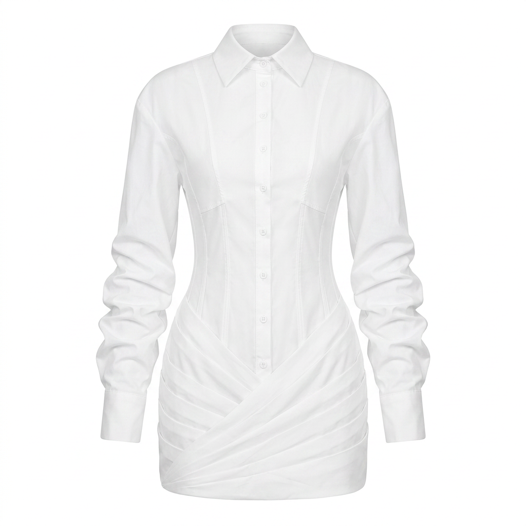 White Pleated Long Sleeve Shirt Mini Dress for Women-Vyana Collective