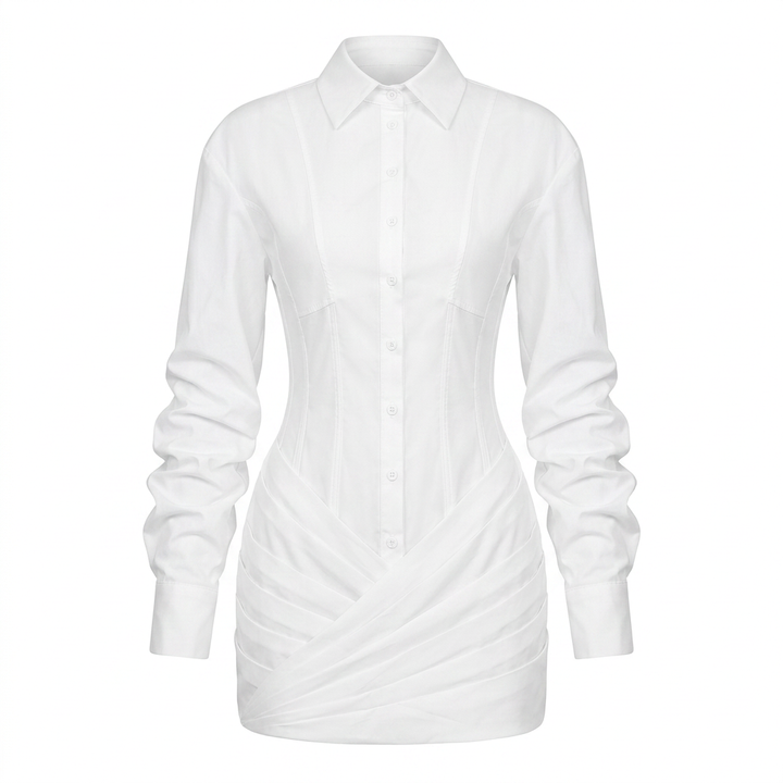 White Pleated Long Sleeve Shirt Mini Dress for Women-Vyana Collective
