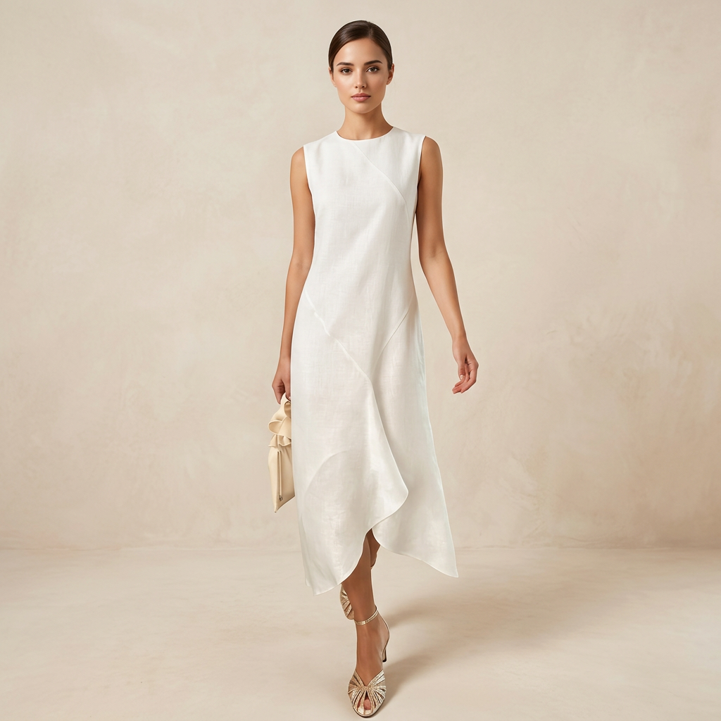 White Sleeveless Asymmetric Midi Dress for Vacation Ready and Effortless Elegance Women-Vyana Collective