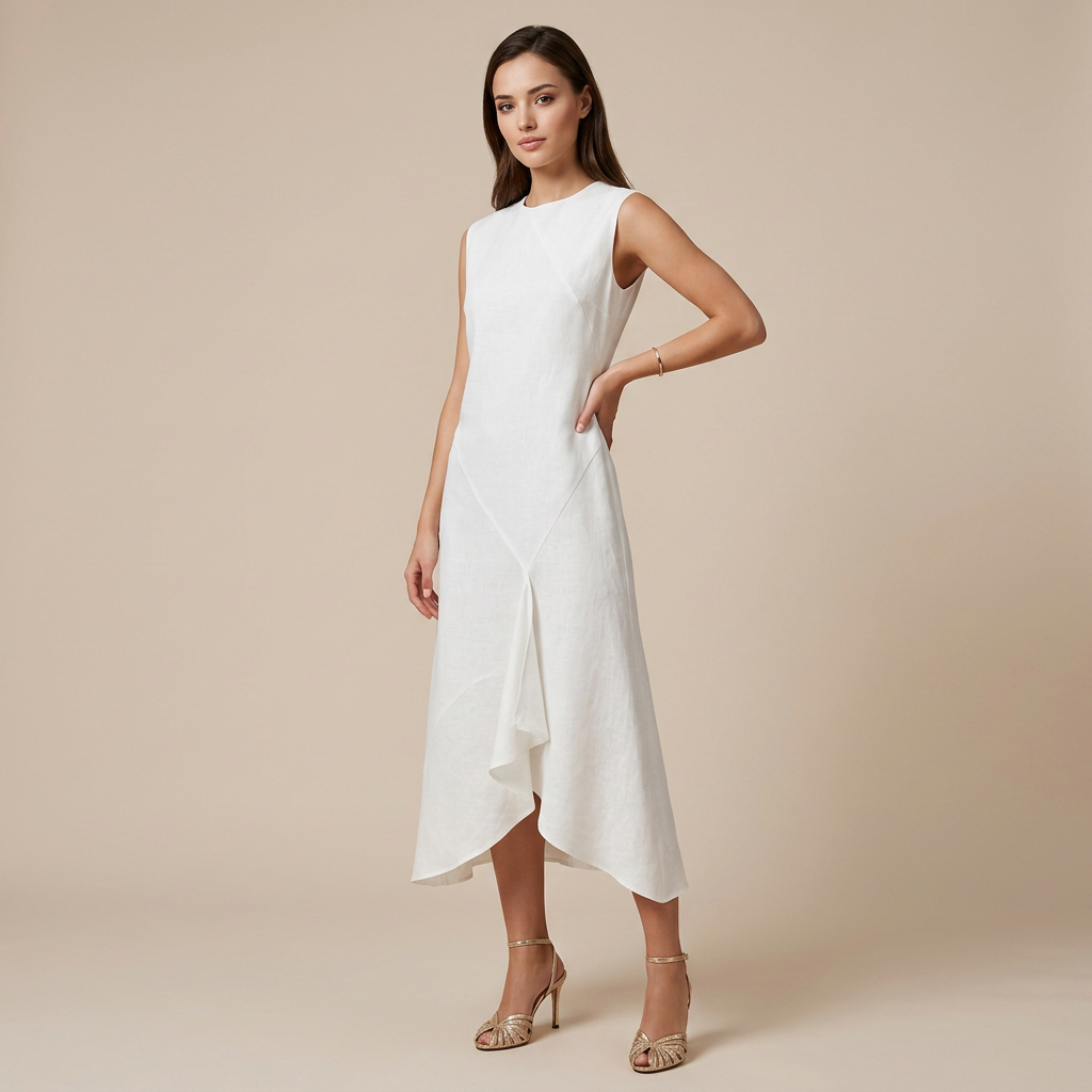 White Sleeveless Asymmetric Midi Dress for Vacation Ready and Effortless Elegance Women-Vyana Collective