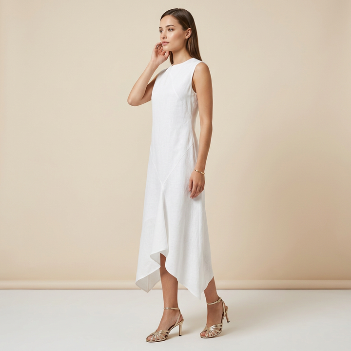 White Sleeveless Asymmetric Midi Dress for Vacation Ready and Effortless Elegance Women-Vyana Collective