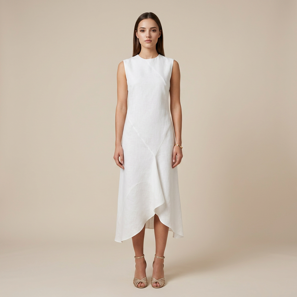White Sleeveless Asymmetric Midi Dress for Vacation Ready and Effortless Elegance Women-Vyana Collective