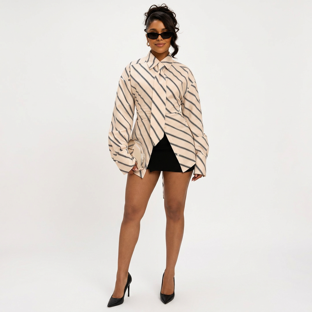 White Striped Slim-Fit Shirt with Matching Tie-Vyana Collective