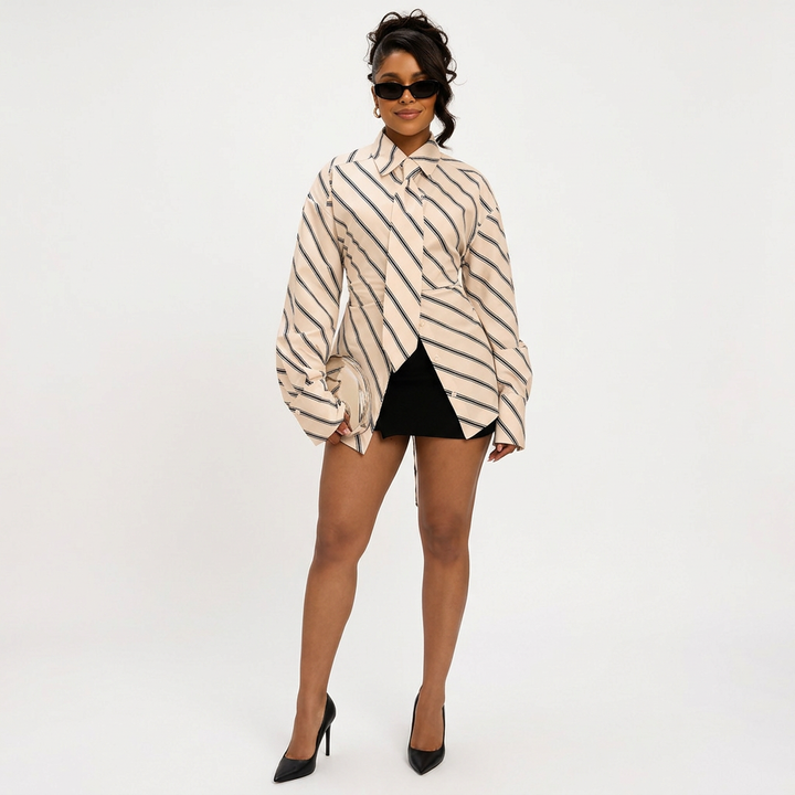White Striped Slim-Fit Shirt with Matching Tie-Vyana Collective