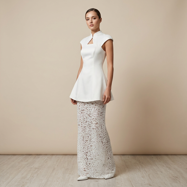 White Structured Peplum Top and Lace Wide Leg Pants Set for Weddings and Elegant Celebrations Women-Vyana Collective