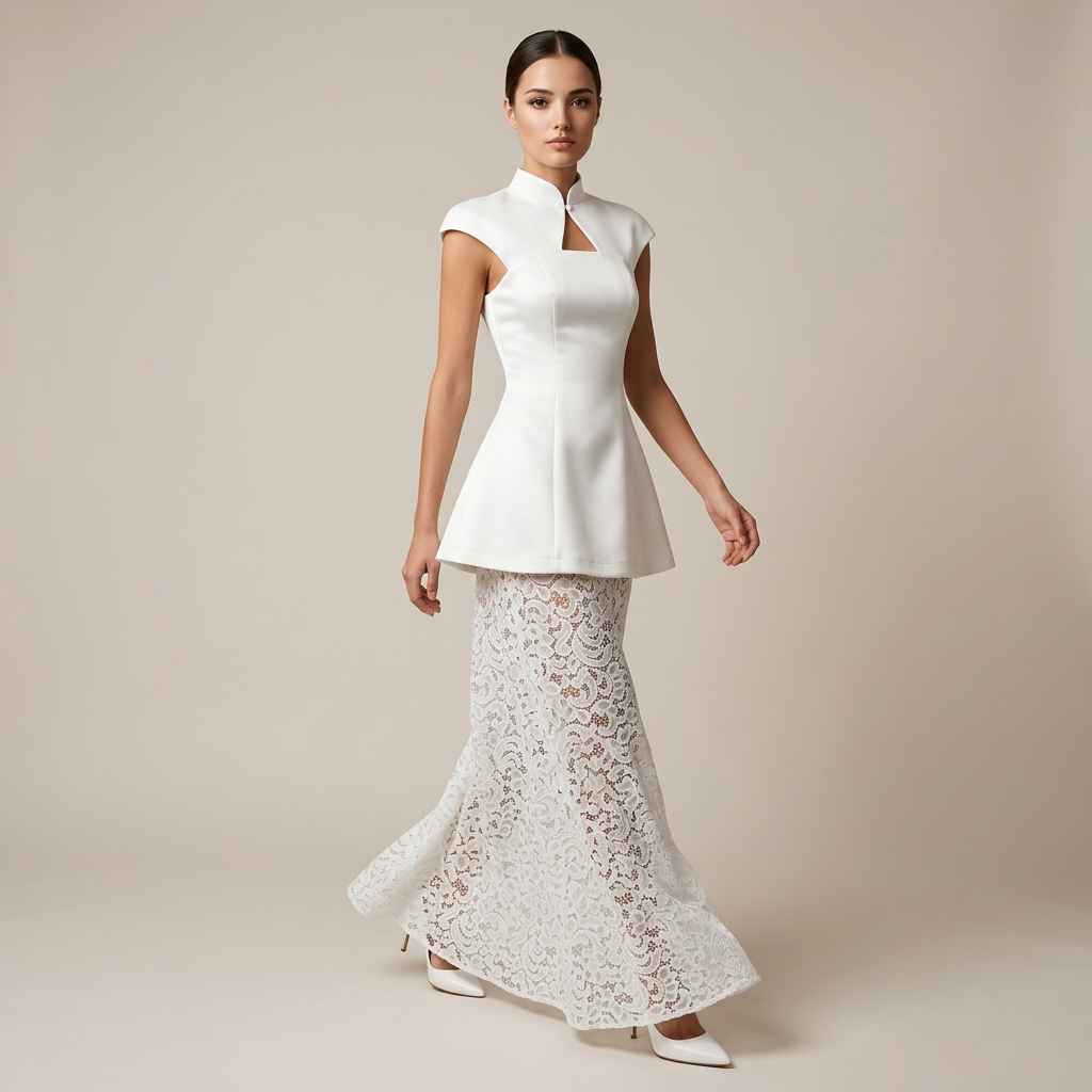White Structured Peplum Top and Lace Wide Leg Pants Set for Weddings and Elegant Celebrations Women-Vyana Collective