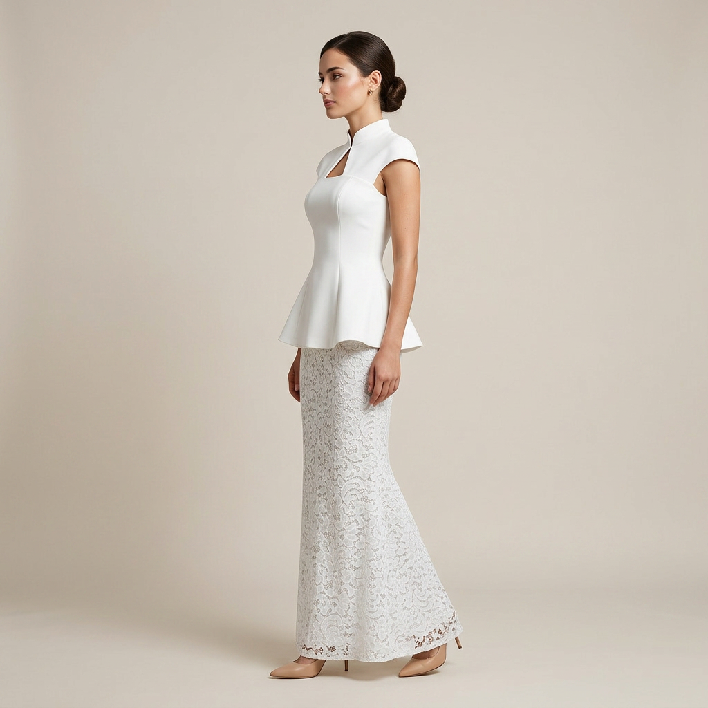 White Structured Peplum Top and Lace Wide Leg Pants Set for Weddings and Elegant Celebrations Women-Vyana Collective