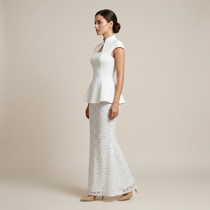 White Structured Peplum Top and Lace Wide Leg Pants Set for Weddings and Elegant Celebrations Women-Vyana Collective