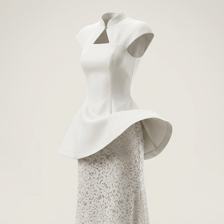 White Structured Peplum Top and Lace Wide Leg Pants Set for Weddings and Elegant Celebrations Women-Vyana Collective