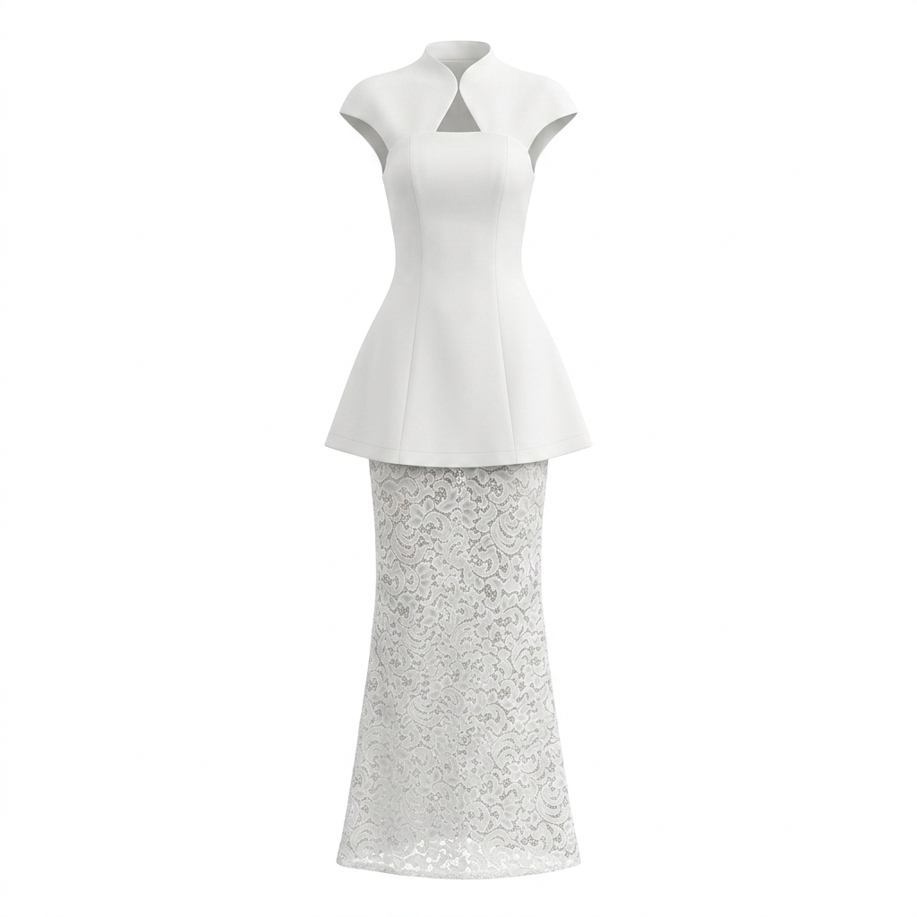 White Structured Peplum Top and Lace Wide Leg Pants Set for Weddings and Elegant Celebrations Women-Vyana Collective