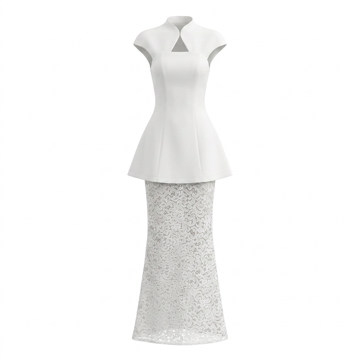 White Structured Peplum Top and Lace Wide Leg Pants Set for Weddings and Elegant Celebrations Women-Vyana Collective