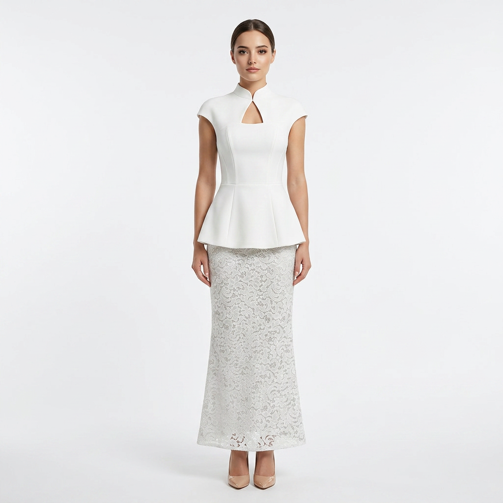 White Structured Peplum Top and Lace Wide Leg Pants Set for Weddings and Elegant Celebrations Women-Vyana Collective