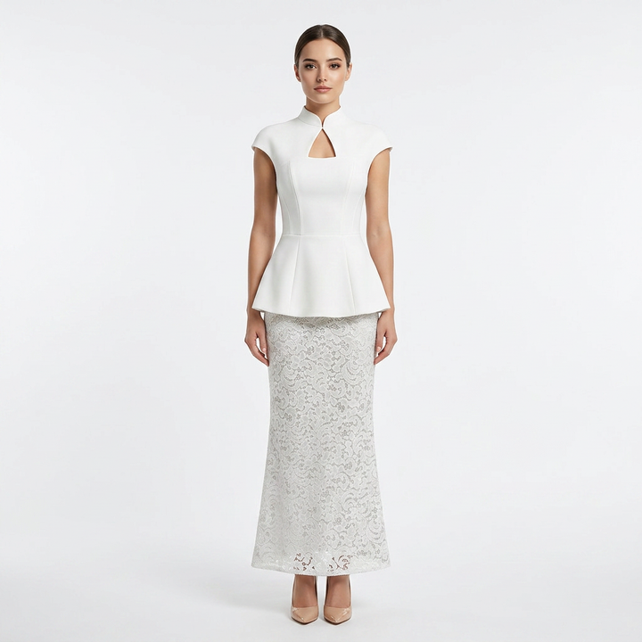 White Structured Peplum Top and Lace Wide Leg Pants Set for Weddings and Elegant Celebrations Women-Vyana Collective