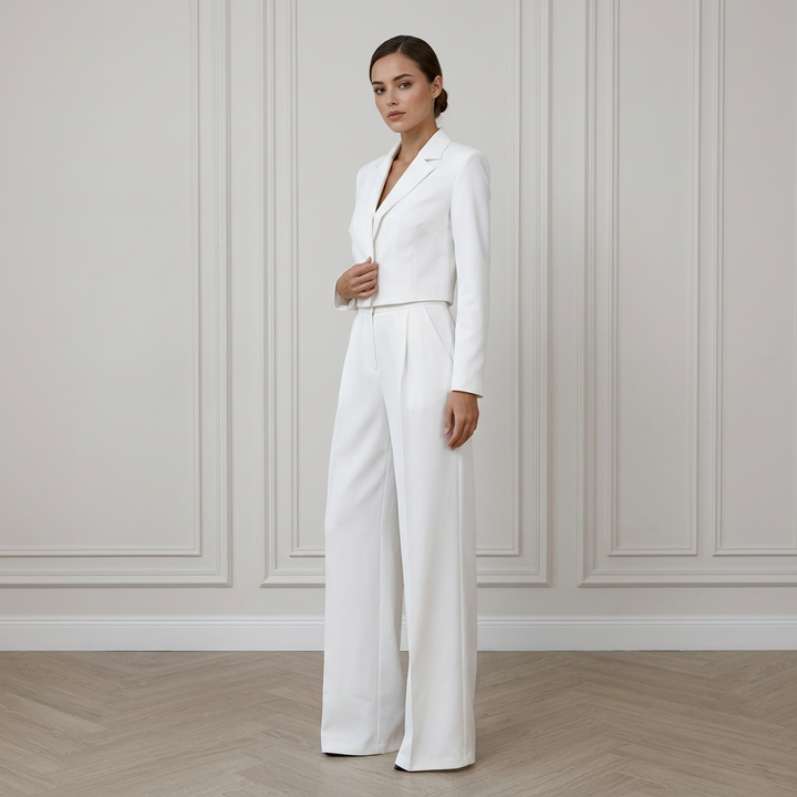 White Tailored Blazer and Wide Leg Pants Set for Meetings Ready and Modern Office Style Women-Vyana Collective