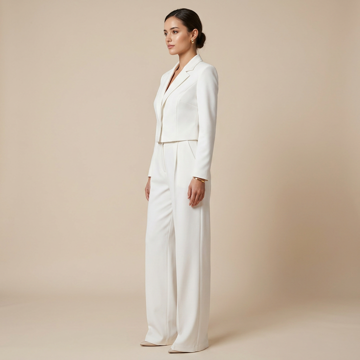 White Tailored Blazer and Wide Leg Pants Set for Meetings Ready and Modern Office Style Women-Vyana Collective
