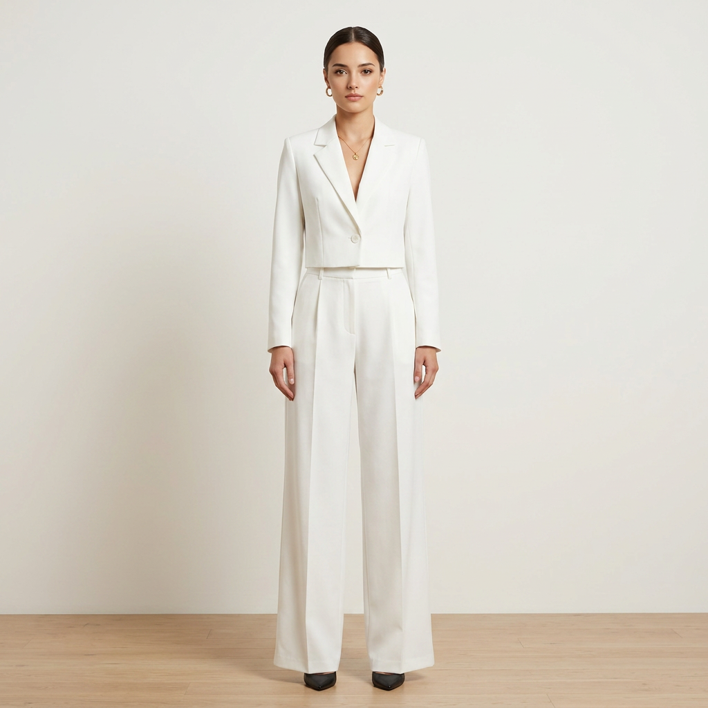 White Tailored Blazer and Wide Leg Pants Set for Meetings Ready and Modern Office Style Women-Vyana Collective