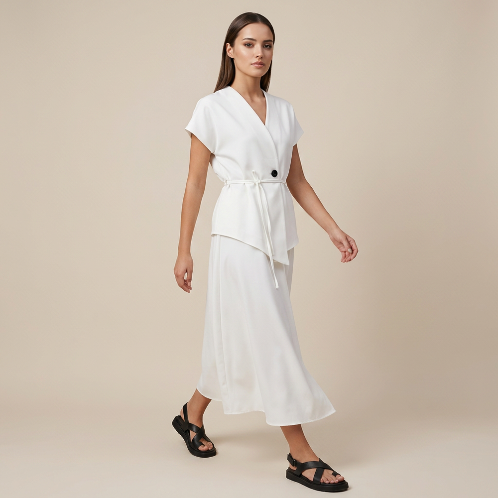 White Tie Waist V-Neck Top and Asymmetric Maxi Skirt Set for Vacation Getaways and Effortless Elegance Women-Vyana Collective