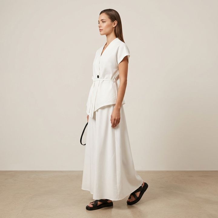 White Tie Waist V-Neck Top and Asymmetric Maxi Skirt Set for Vacation Getaways and Effortless Elegance Women-Vyana Collective