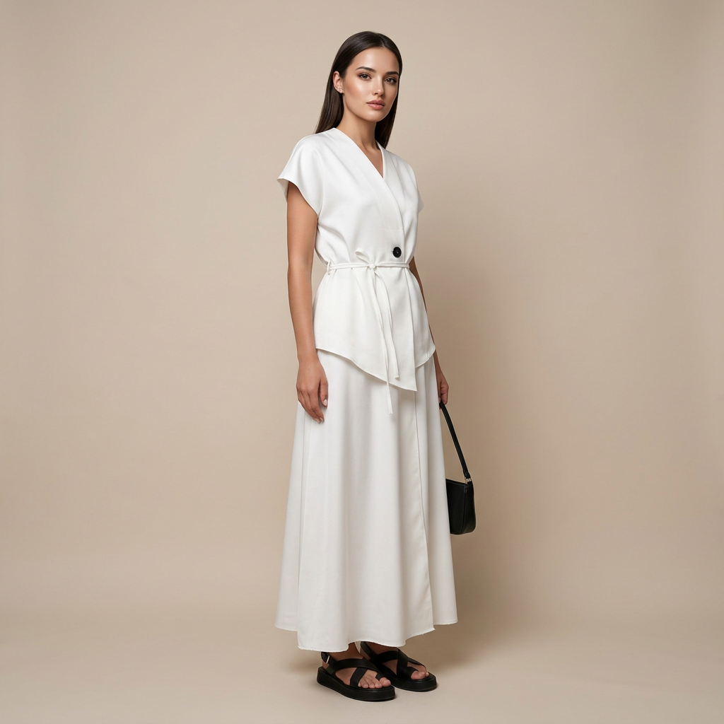 White Tie Waist V-Neck Top and Asymmetric Maxi Skirt Set for Vacation Getaways and Effortless Elegance Women-Vyana Collective