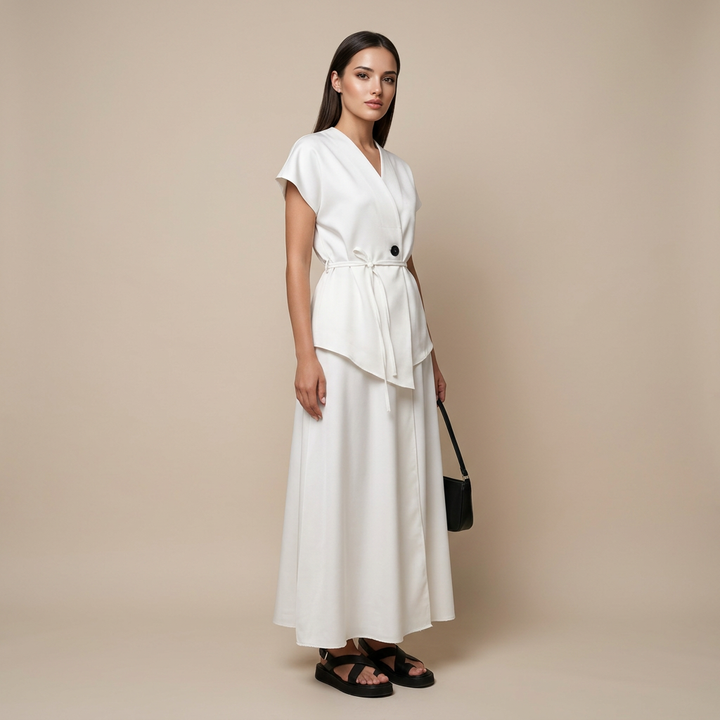 White Tie Waist V-Neck Top and Asymmetric Maxi Skirt Set for Vacation Getaways and Effortless Elegance Women-Vyana Collective