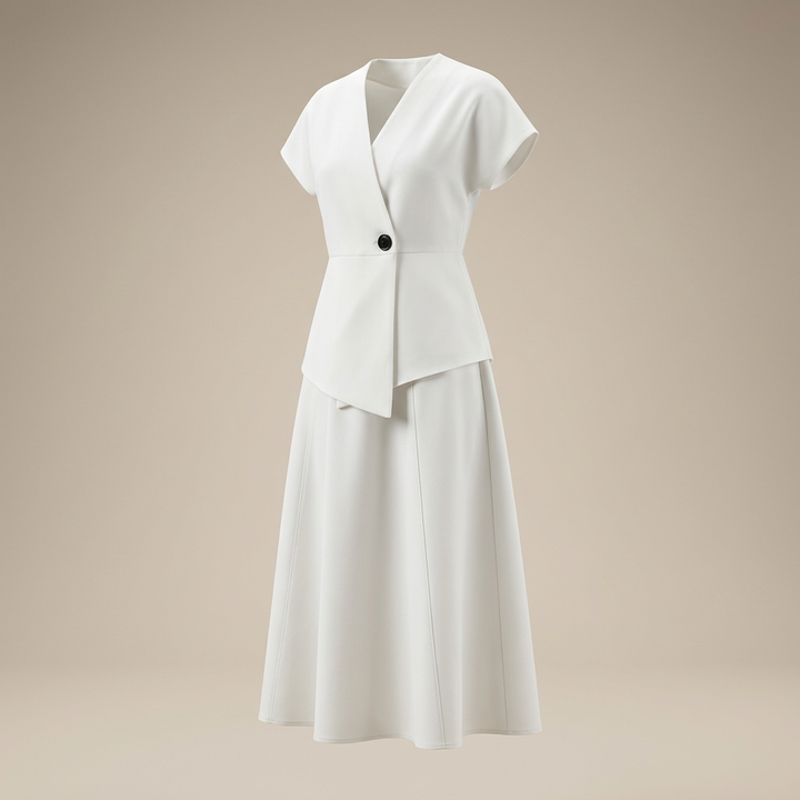 White Tie Waist V-Neck Top and Asymmetric Maxi Skirt Set for Vacation Getaways and Effortless Elegance Women-Vyana Collective