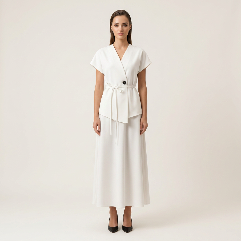 White Tie Waist V-Neck Top and Asymmetric Maxi Skirt Set for Vacation Getaways and Effortless Elegance Women-Vyana Collective