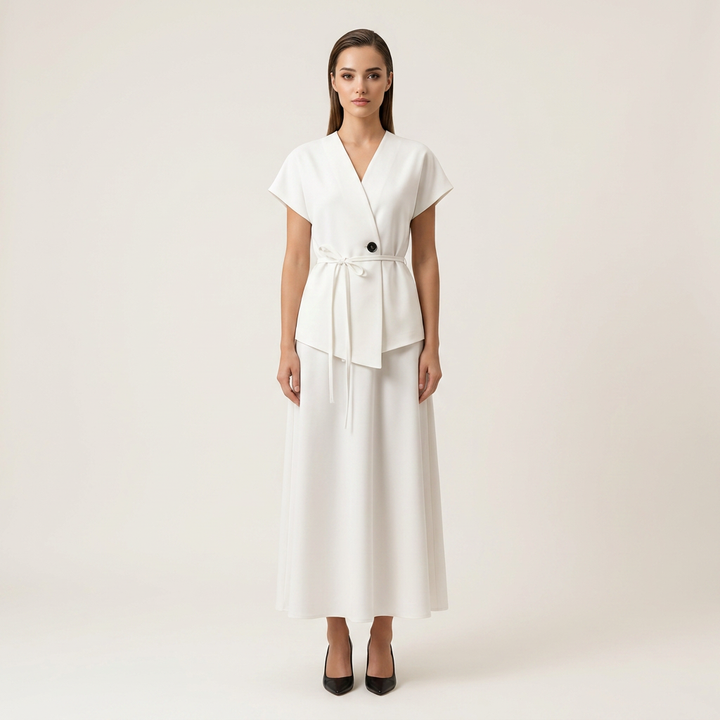 White Tie Waist V-Neck Top and Asymmetric Maxi Skirt Set for Vacation Getaways and Effortless Elegance Women-Vyana Collective