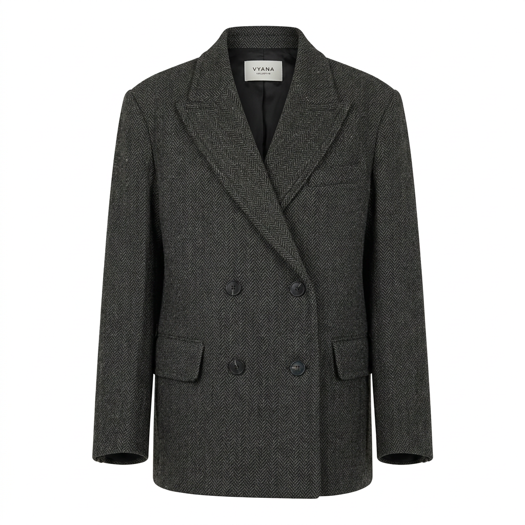 Wide-Shoulder Double-Breasted Wool Blazer-Vyana Collective