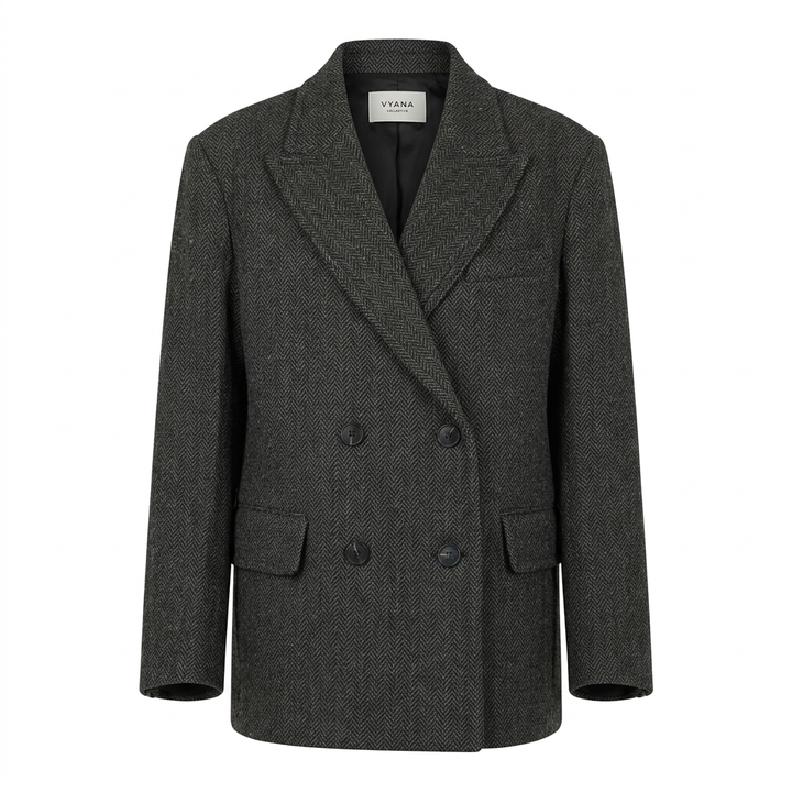 Wide-Shoulder Double-Breasted Wool Blazer-Vyana Collective