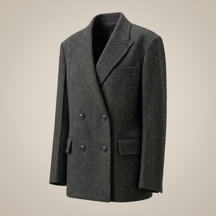 Wide-Shoulder Double-Breasted Wool Blazer-Vyana Collective