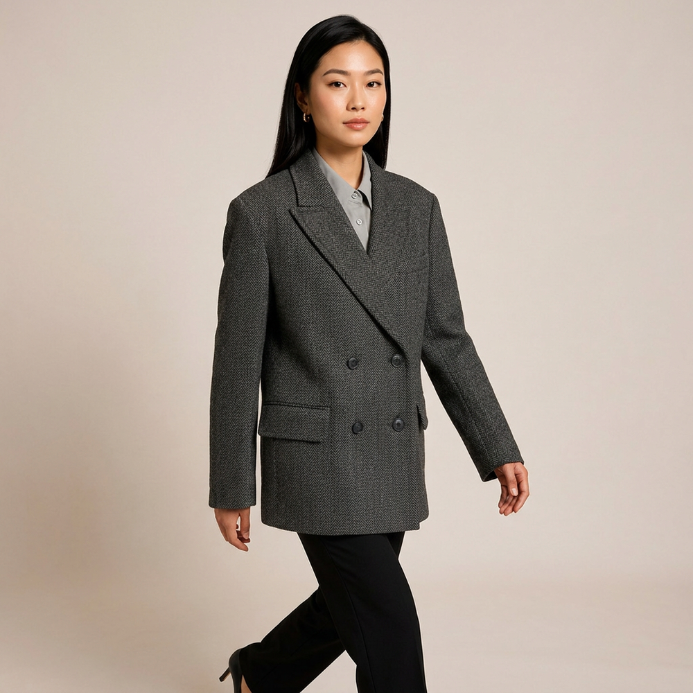 Wide-Shoulder Double-Breasted Wool Blazer-Vyana Collective