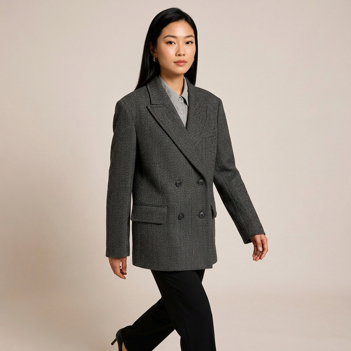 Wide-Shoulder Double-Breasted Wool Blazer-Vyana Collective