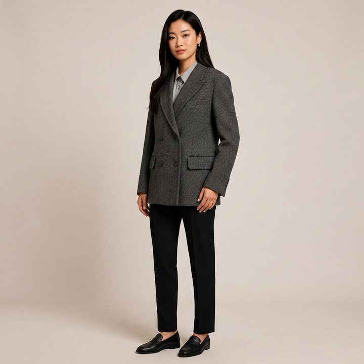 Wide-Shoulder Double-Breasted Wool Blazer-Vyana Collective