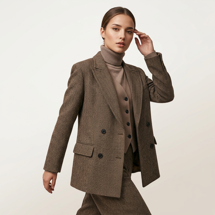 Wide-Shoulder Double-Breasted Wool Blazer-Vyana Collective