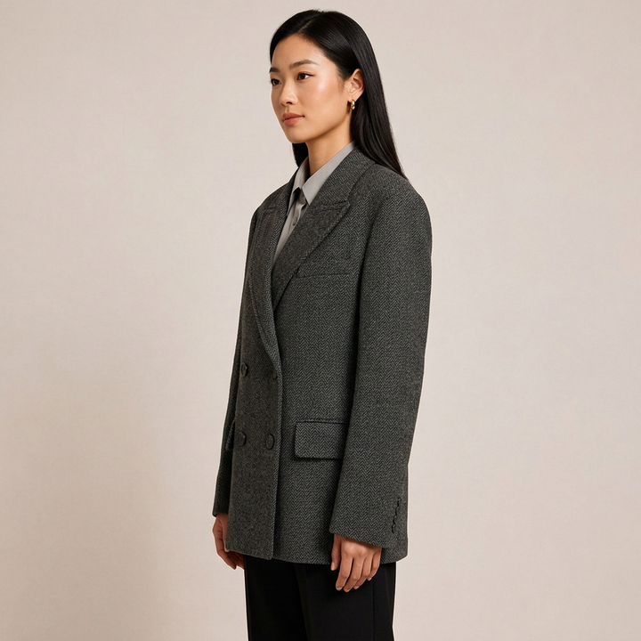 Wide-Shoulder Double-Breasted Wool Blazer-Vyana Collective