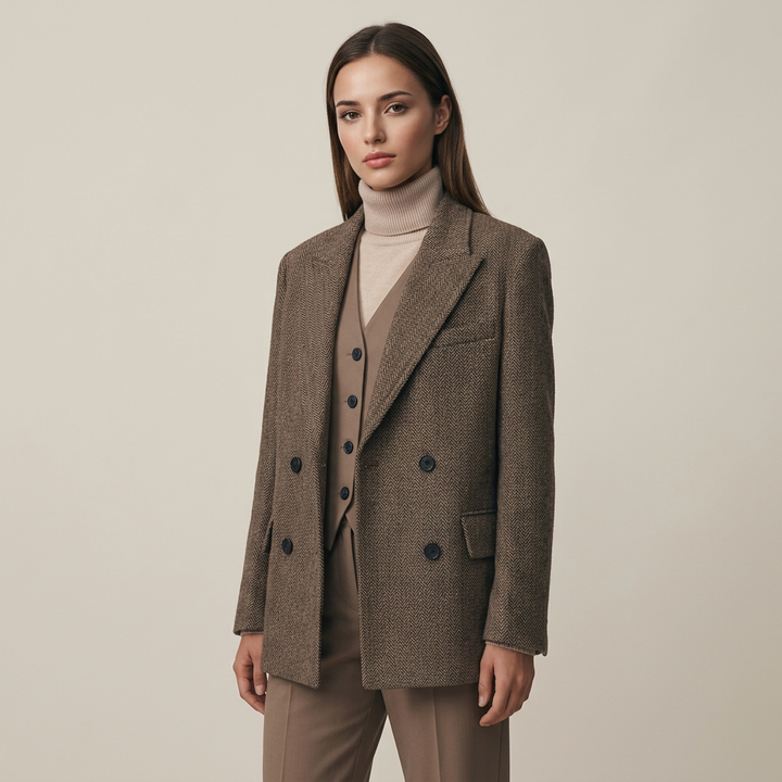 Wide-Shoulder Double-Breasted Wool Blazer-Vyana Collective