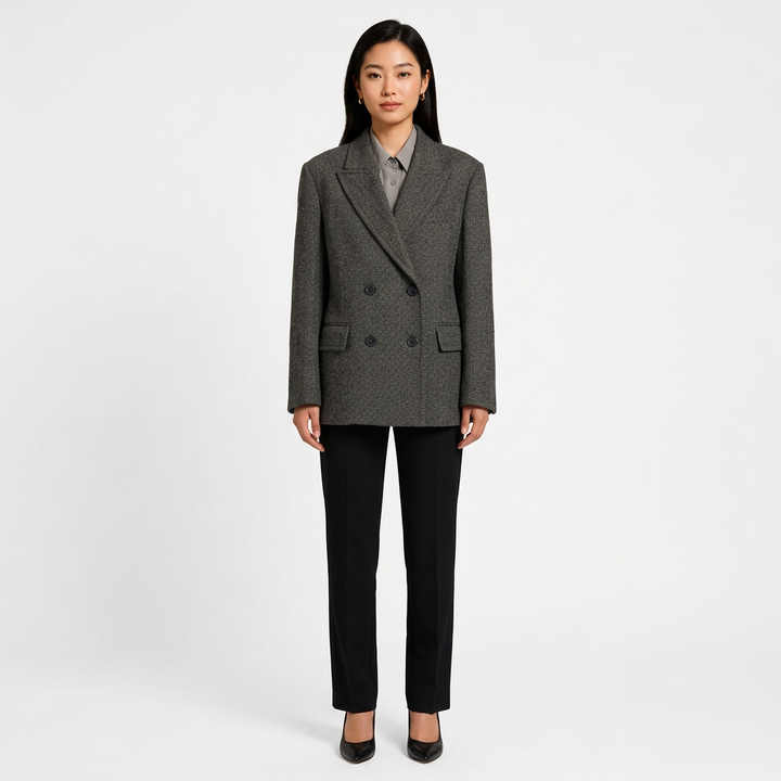 Wide-Shoulder Double-Breasted Wool Blazer-Vyana Collective