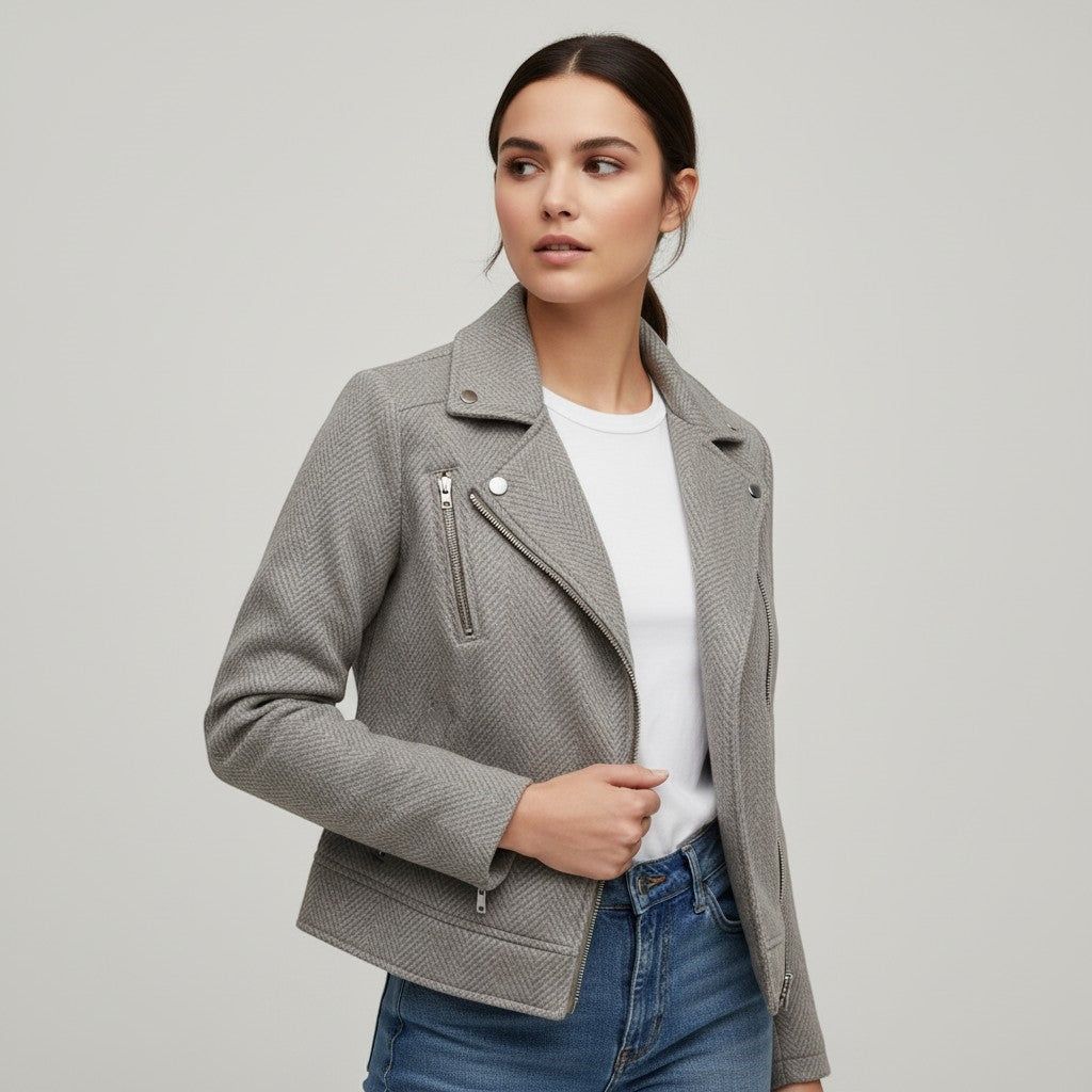 Women's Asymmetrical Zip Casual Moto Jacket-Vyana Collective