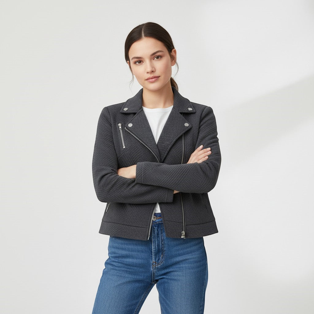 Women's Asymmetrical Zip Casual Moto Jacket-Vyana Collective