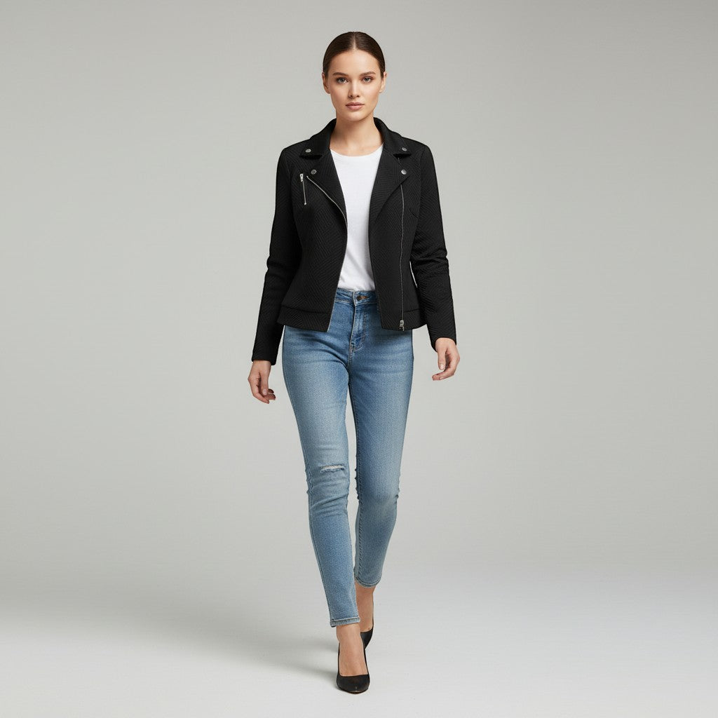Women's Asymmetrical Zip Casual Moto Jacket-Vyana Collective