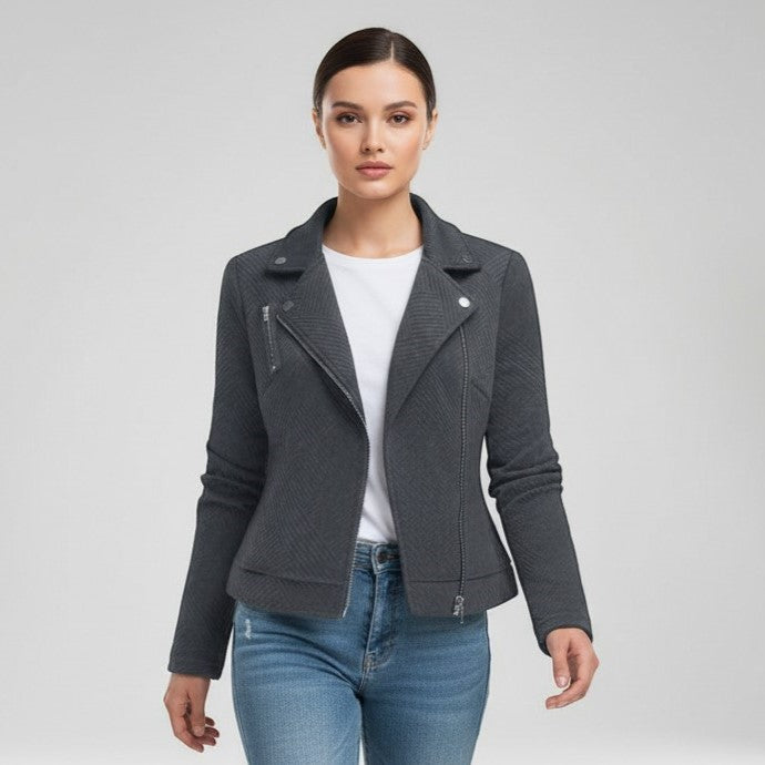 Women's Asymmetrical Zip Casual Moto Jacket-Vyana Collective