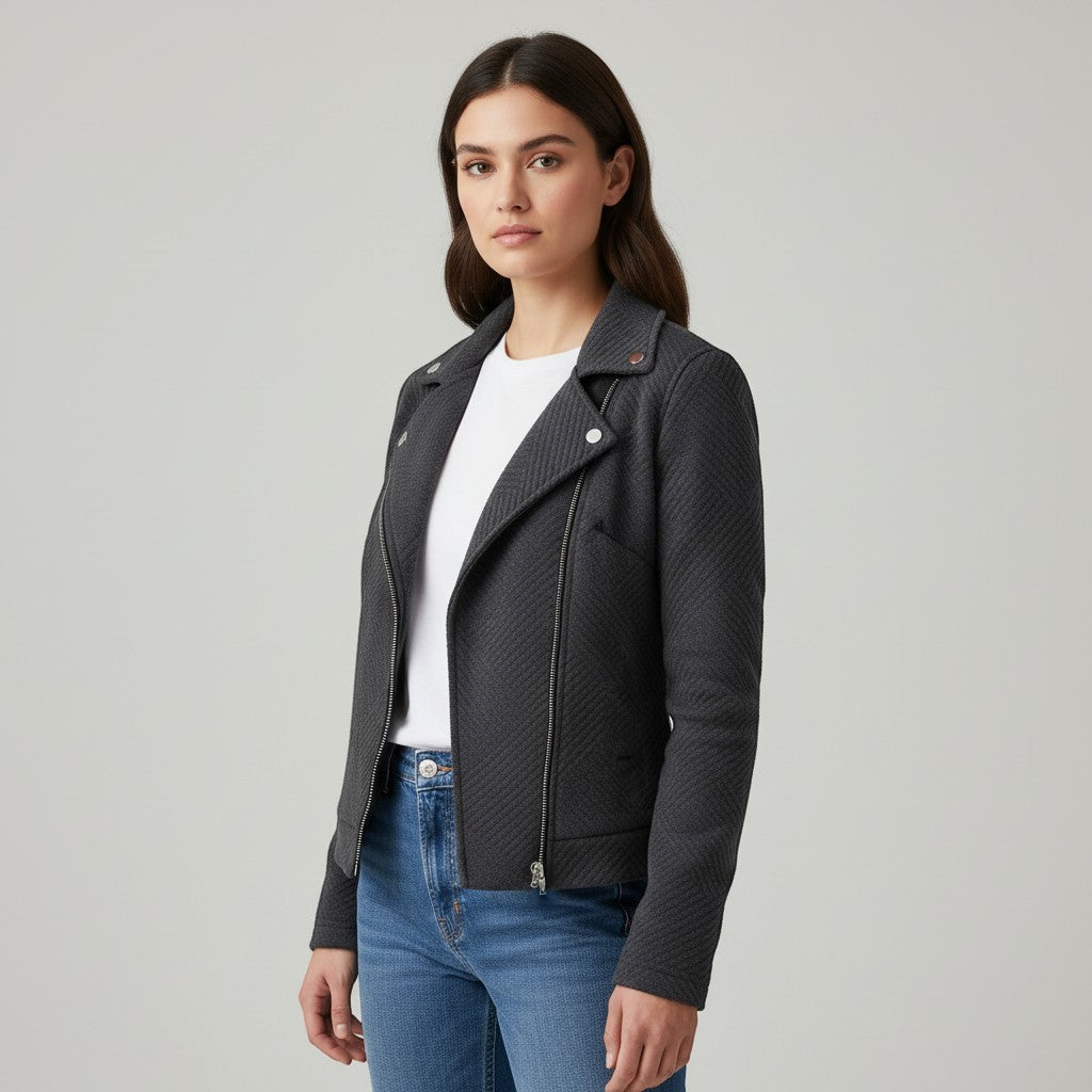 Women's Asymmetrical Zip Casual Moto Jacket-Vyana Collective