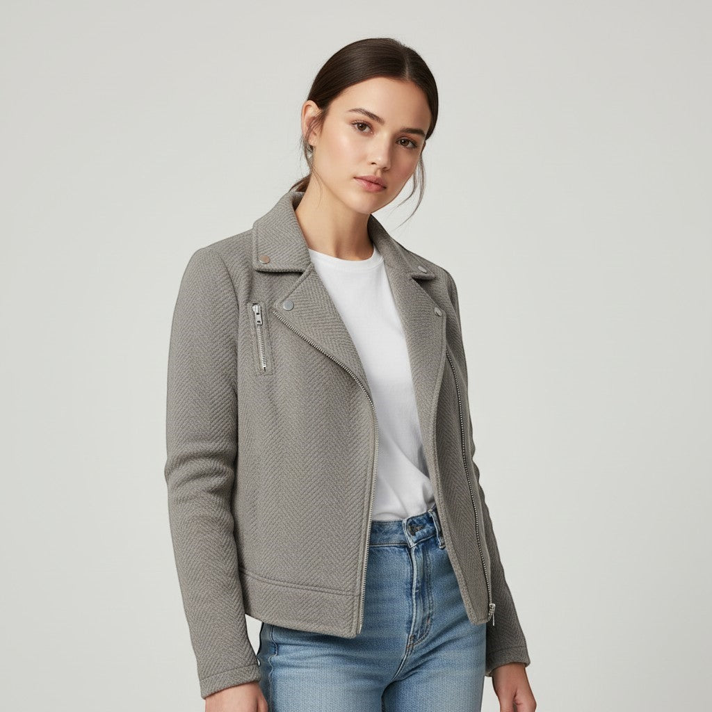 Women's Asymmetrical Zip Casual Moto Jacket-Vyana Collective