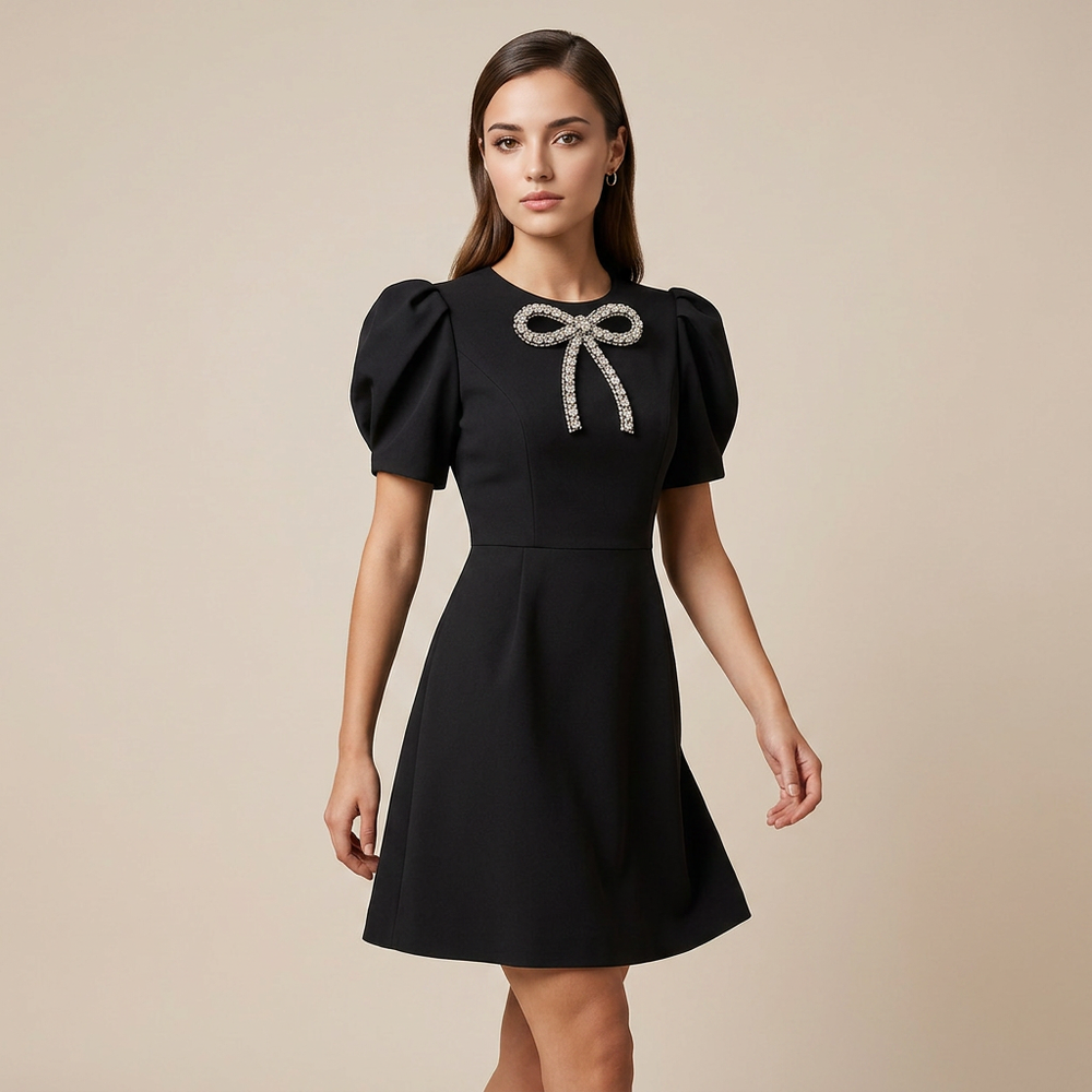 Women's Black Rhinestone Bow Mini Dress-Vyana Collective