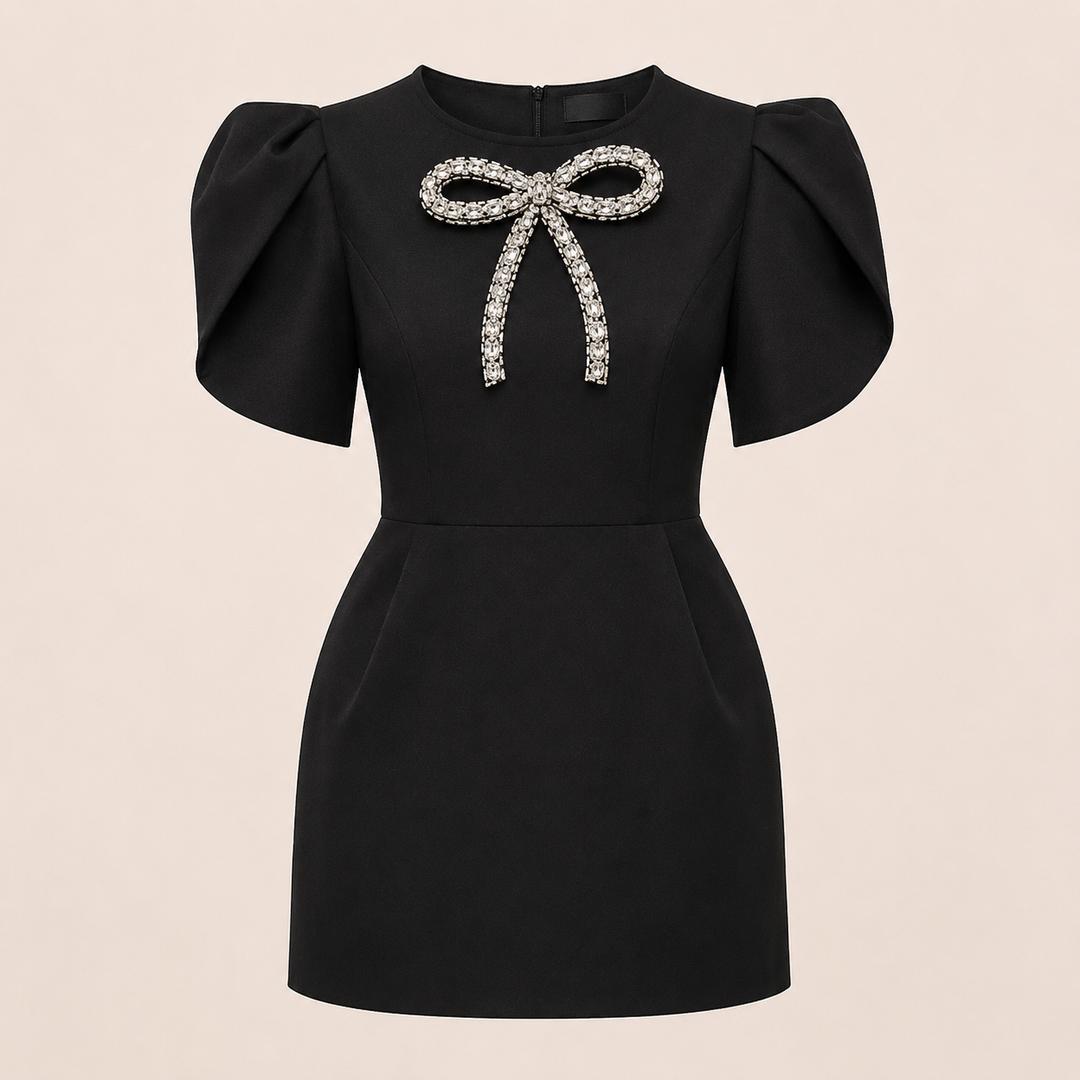 Women's Black Rhinestone Bow Mini Dress-Vyana Collective