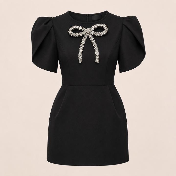 Women's Black Rhinestone Bow Mini Dress-Vyana Collective