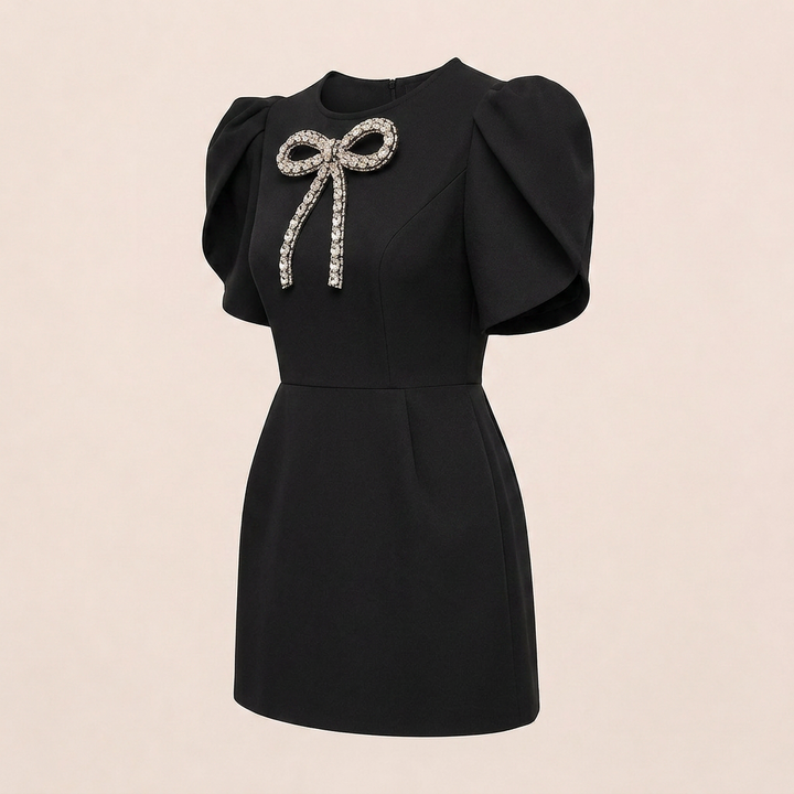 Women's Black Rhinestone Bow Mini Dress-Vyana Collective