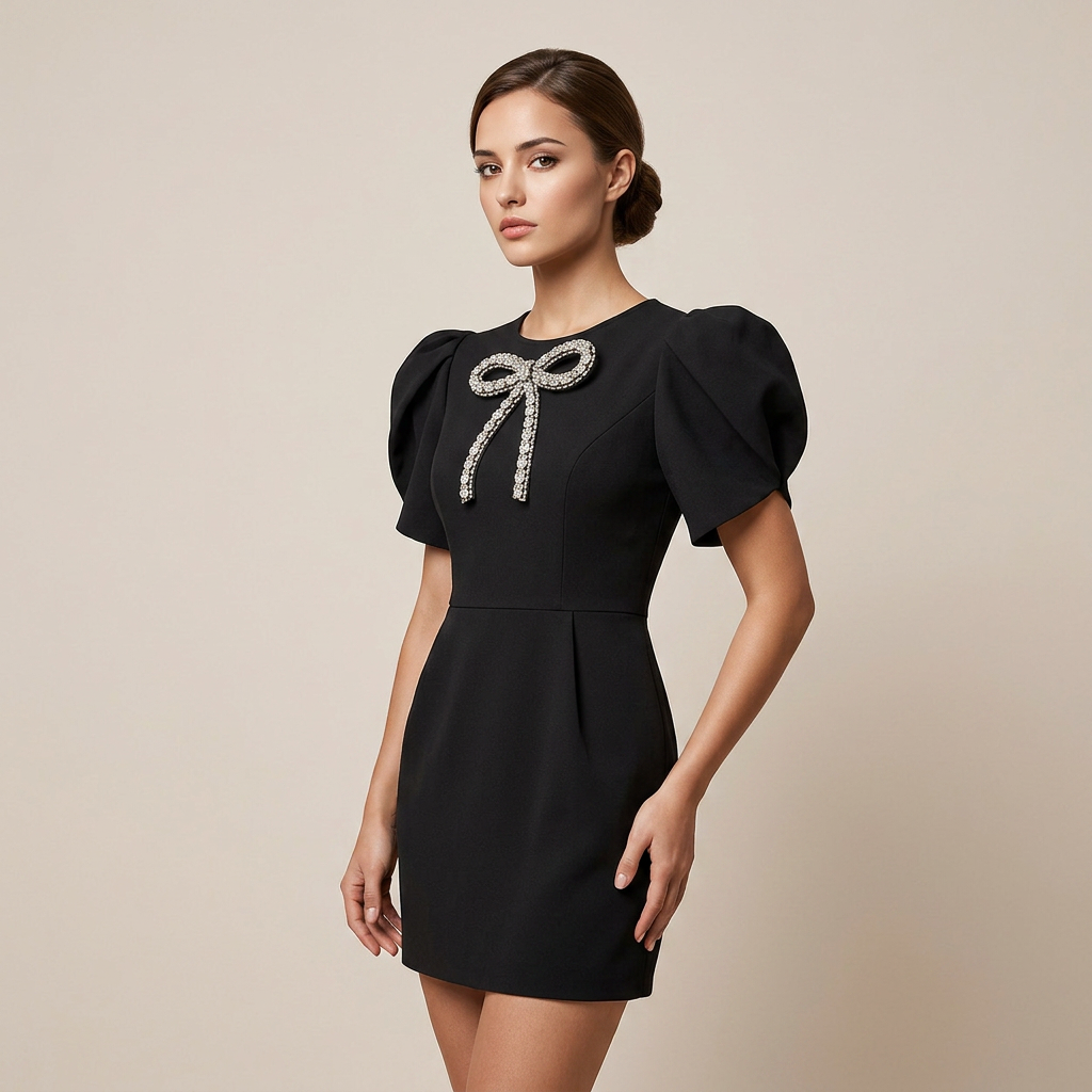 Women's Black Rhinestone Bow Mini Dress-Vyana Collective